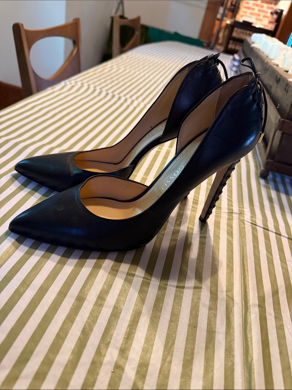 Chloe Gosselin Black Pointed Stiletto Pumps with Lace Up Back Detail